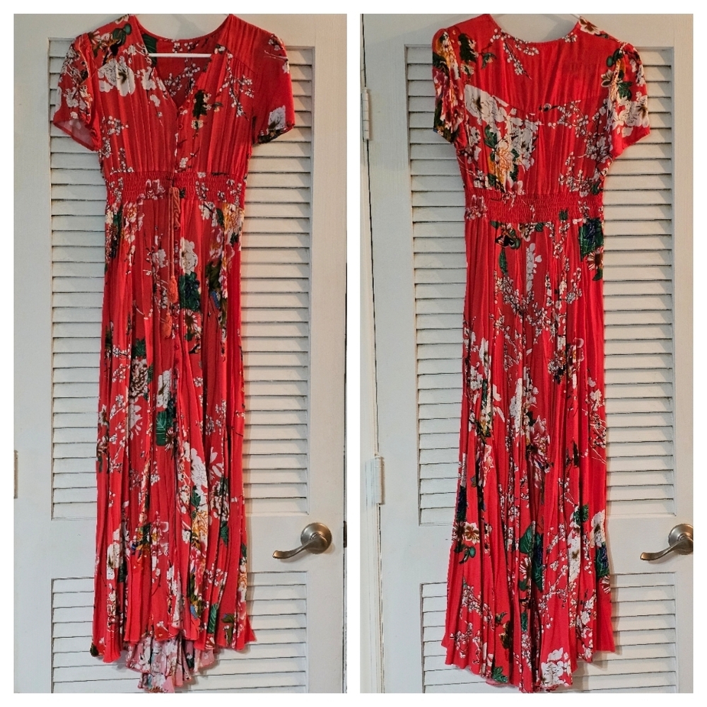 Floral Red Button Down Maxi Dress with Tassle Detail
